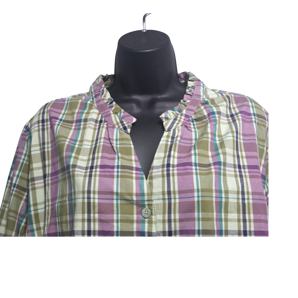 Joan Rivers Womens 2X Plaid Ruffle Collar Button Down Tunic Top Purple Olive - Picture 3 of 8